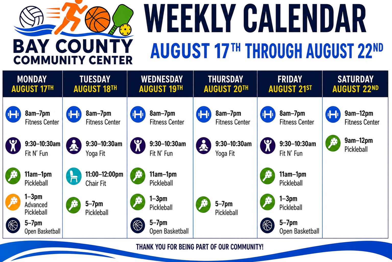 Bay County Community Center Calendar for August 17-22, 2026