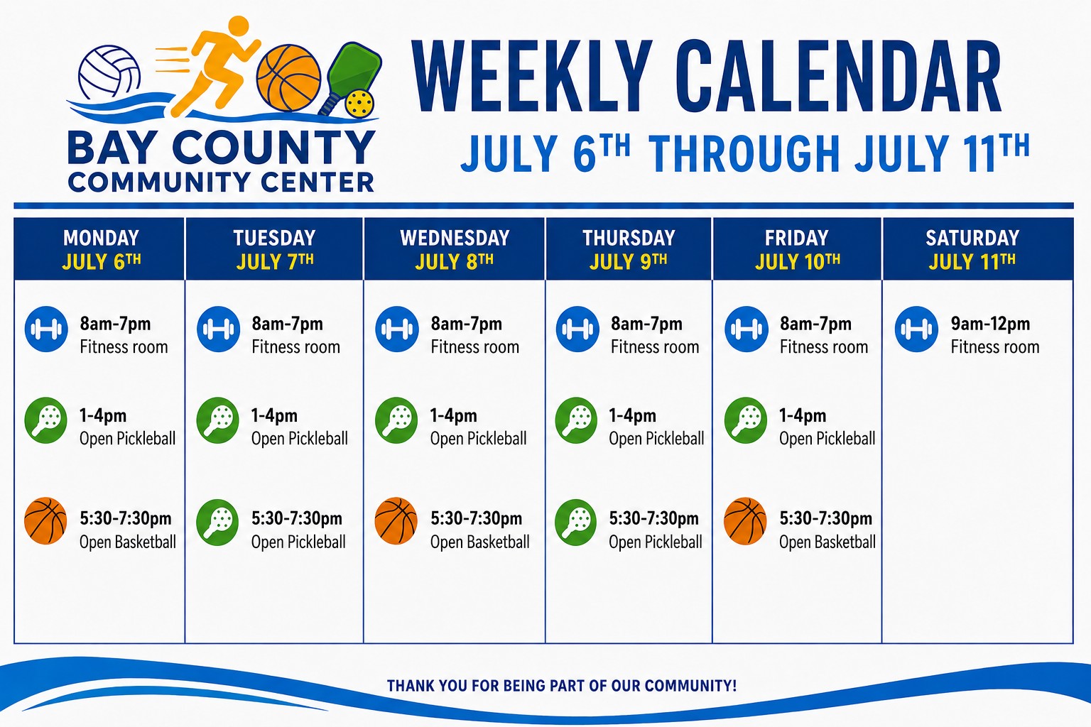Weekly Calendar for the Bay County Community Center from July 6-11, 2026