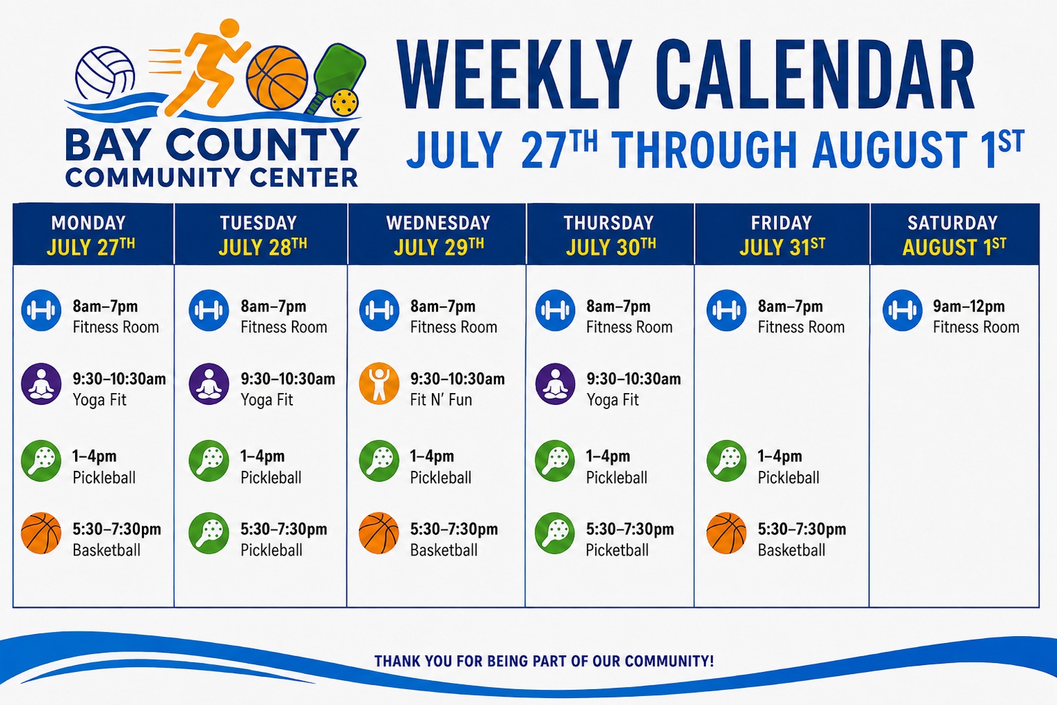 Weekly Community Center Calendar for July 27 - August 1, 2026
